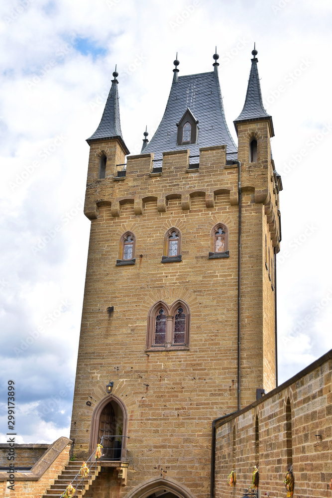 Baden-Wurttemberg, Germany - May 2019. Magnificent medieval Hohenzollern castle in Germany. Aerial view of famous Hohenzollern Castle, ancestral seat of the imperial House of Hohenzollern