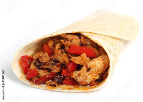 Tortilla with chicken and bell pepper. Isolated on a white backg