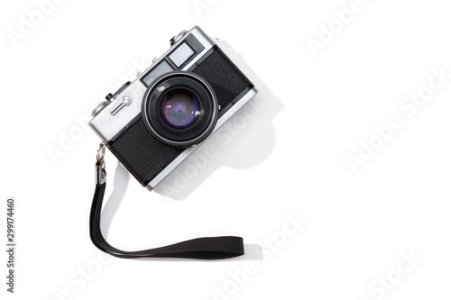 Flat lay film camera isolated on white background. Copy space