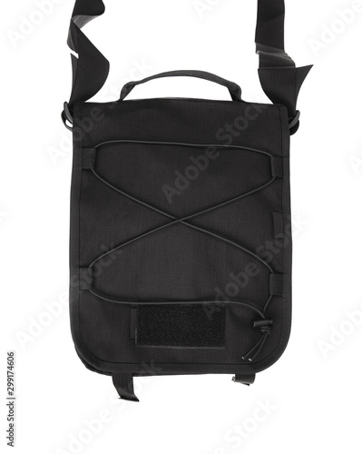 Modern shoulder bag isolate on a white background. Men's modern black tactical bag. photo