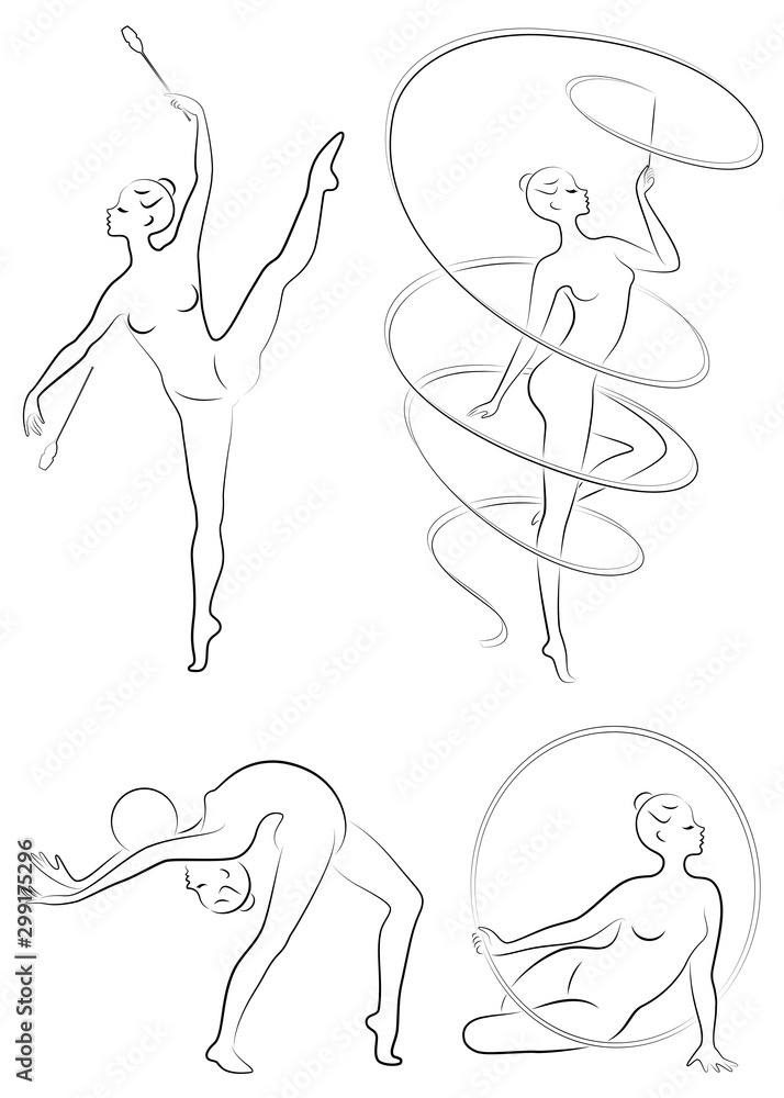 Collection. Rhythmic gymnastics. Silhouette of a girl with maces, ball, ribbon, hoop. Beautiful gymnast. The woman is slim and young. Vector illustration of a set. Collection. Rhythmic gymnastics. Silhouette of a girl with maces, ball, ribbon, hoop. Beautiful gymnast. The woman is slim and young. Vector illustration of a set.
