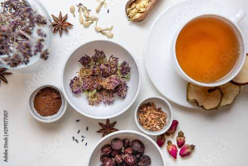 assorted herbal chamai for the treatment of colds, healthcare, medicine, home treatment, aromatherapy on a white background