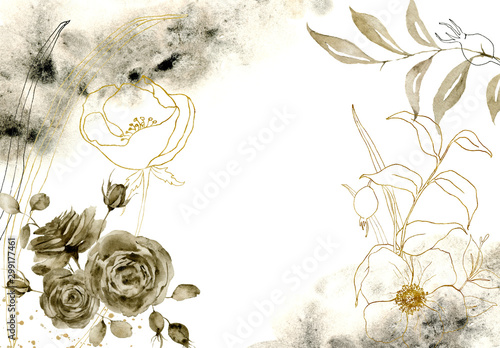 Watercolor monochrome floral composition. Hand painted sepia and golden flowers with branches isolated on white background. Floral vintage illustration for design, print, or background.