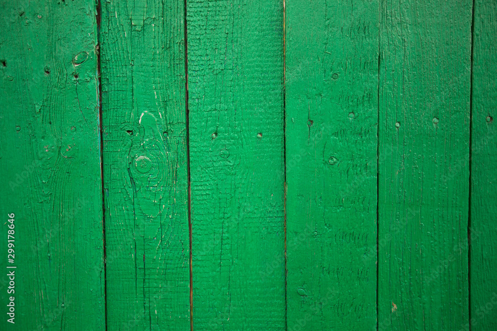 Texture of the wooden wall painted with green paint. - obrazy, fototapety, plakaty 