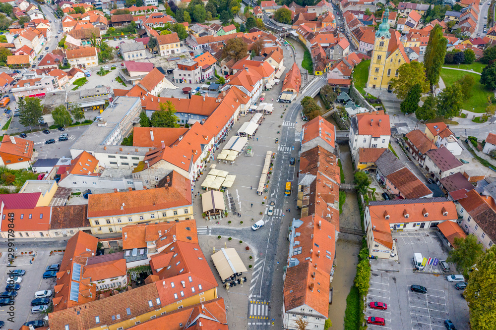 Panoramic view of the town of Samobor in Croatia from drone, old houses in city center