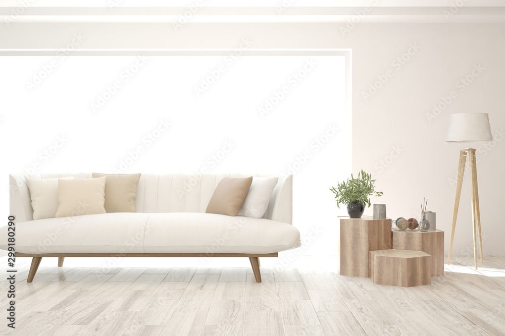 Stylish room in white color with sofa. Scandinavian interior design. 3D illustration Stylish room in white color with sofa. Scandinavian interior design. 3D illustration