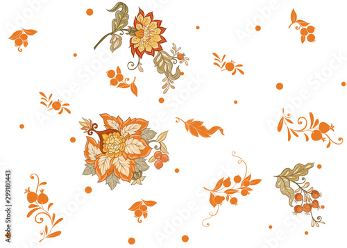 Fantasy floral seamless pattern in jacobean embroidery style  vintage  old  retro style. Vector illustration in soft orange and green colors Isolated on white background.