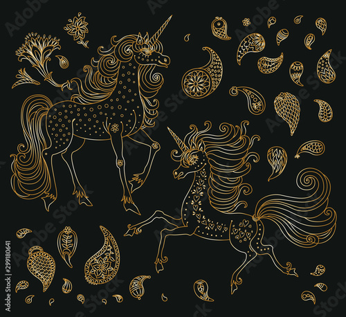Vector set of fairy tale unicorn horses and paisley floral elements on a black background. Golden hand drawn flowers, fantasy ornate cute animal. Tee shirt gold print
