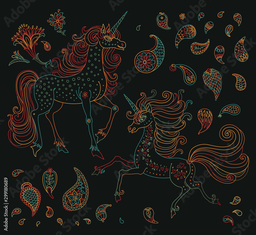 Vector set of fairy tale unicorn horses and paisley floral elements on a black background. Dark colorful hand drawn flowers, fantasy ornate cute animal. Tee shirt print