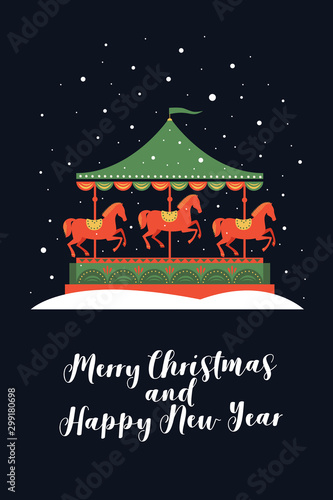 Image of festive carousel with red horses under falling snow. Decorative composition is ideal for Christmas and New Year's cards, posters. Vector colorful illustration.