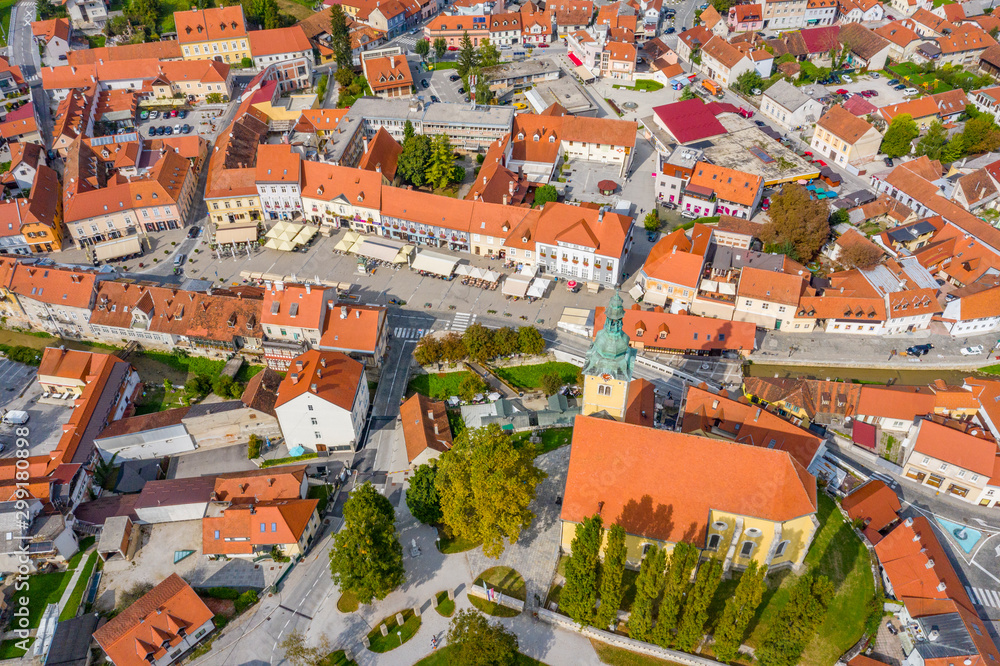 Fototapeta Panoramic view of the town of Samobor in Croatia from drone, old houses in city center