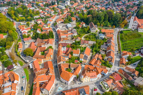 Town of Samobor in Croatia from drone, panoramic view of the told houses in city center