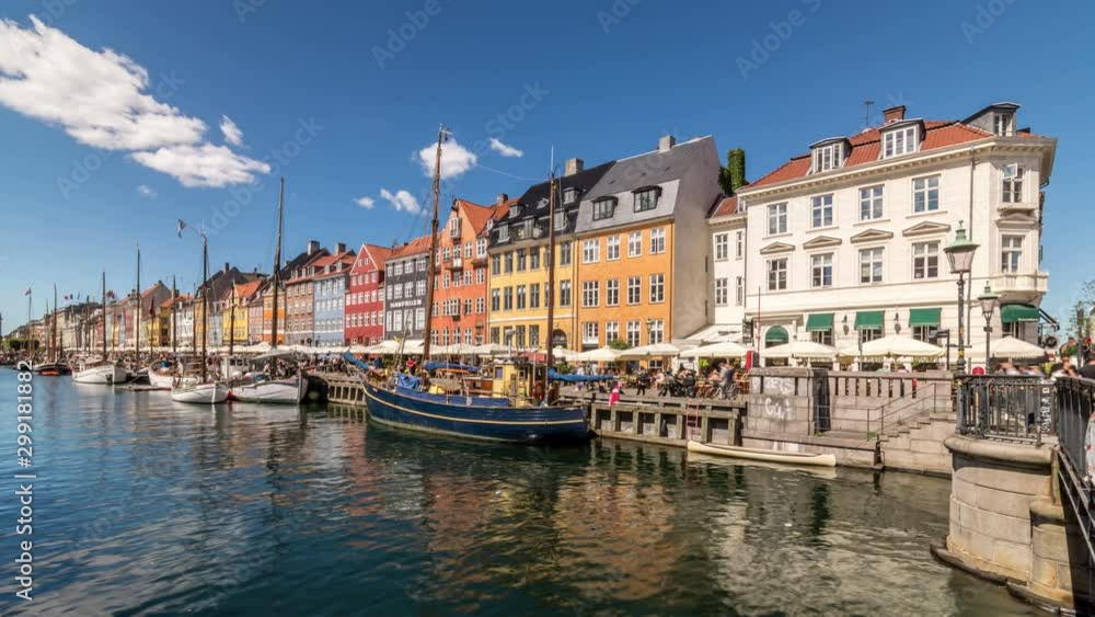 Nyhavn canal, one of the most iconic and most visited landmarks of Copenhagen. Colorful house facades and sailing boats. Time lapse video. Nyhavn canal, one of the most iconic and most visited landmarks of Copenhagen. Colorful house facades and sailing boats. Time lapse video.