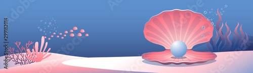 Vector illustration of a cockleshell with a pearl in a marine decor. Underwater landscape