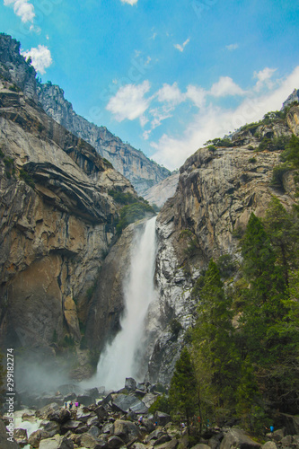 Lower Yoseimite Falls in Yosemite Valley National Park  California  USA. Near Landmarks  Tunnel View  El Capitan  Bridalveil Falls  Half Dome  Glacier Point.