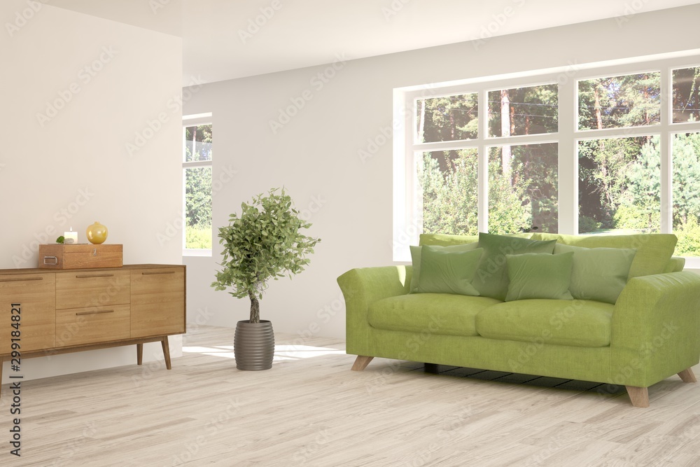 Fototapeta premium Stylish room in white color with sofa and summer landscape in window. Scandinavian interior design. 3D illustration