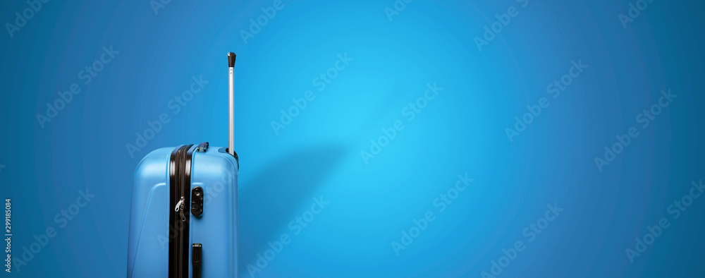 blue travel suitcase over blue background, panoramic mock up image - obrazy, fototapety, plakaty 