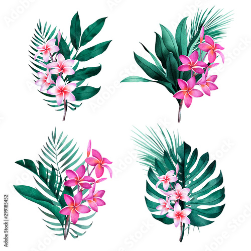 Composition of tropical plants and flowers. Botanical watercolor green exotic leaves. Coconut palm  monstera  banana tree  plumeria.