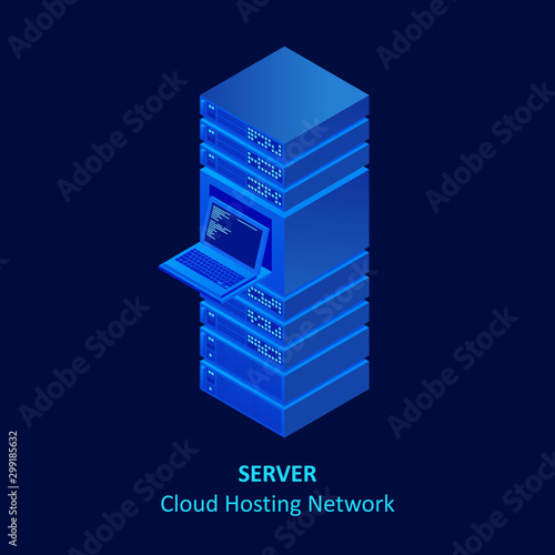 Isometric cloud server isolated on blue. Data center storage room objects. Network server room