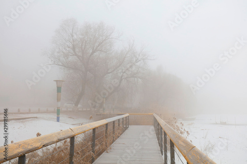 Park wood bridge in fog and haze photo