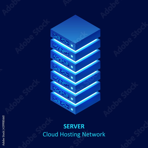 Isometric cloud server isolated on blue. Data center storage room objects. Network server room
