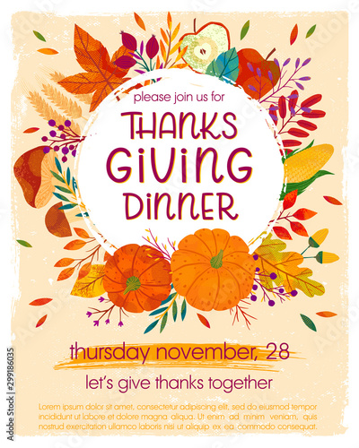 Thanksgiving dinner template with pumpkins,mushrooms,corn,apples,wheat,plants,leaves,berries and floral elements.Holiday invitation design.Trendy autumn vector illustration.