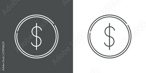 Icono plano lineal moneda de dolar en gris y blanco