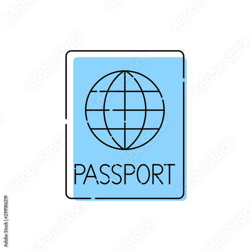 Icono plano lineal pasaporte con color azul