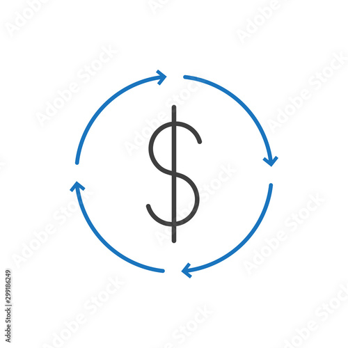 Icono plano lineal símbolo dolar con flechas girando en azul y gris