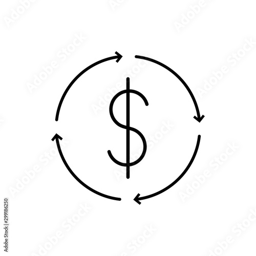 Icono plano lineal símbolo dolar con flechas girando en color negro
