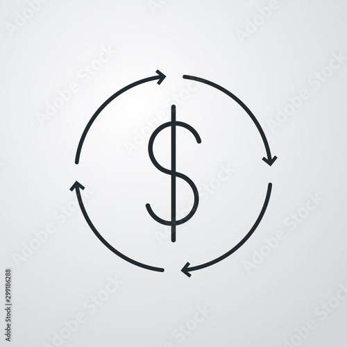 Icono plano lineal símbolo dolar con flechas girando en fondo gris
