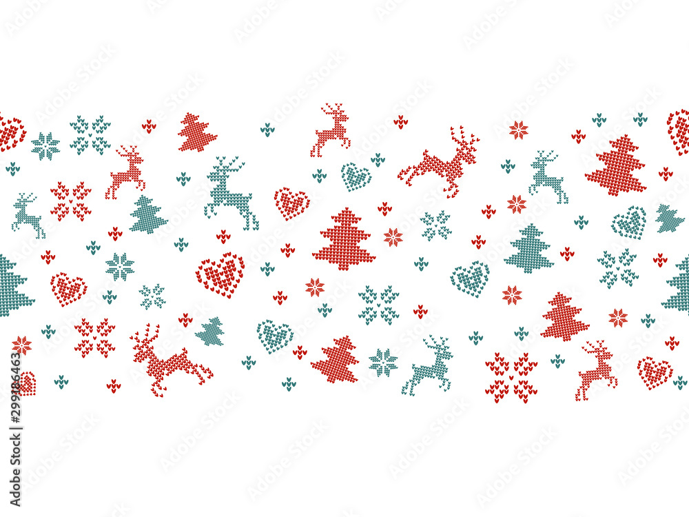 Vintage Christmas card with reindeer, Christmas trees, snowflakes. Seamless pattern background. EPS10. Vector illustration