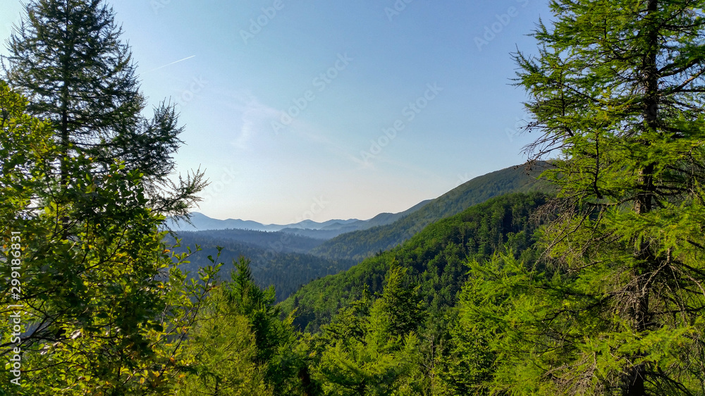 mountain landscape with forest and blue sky.  Tuhobić, Hreljin, Croatia