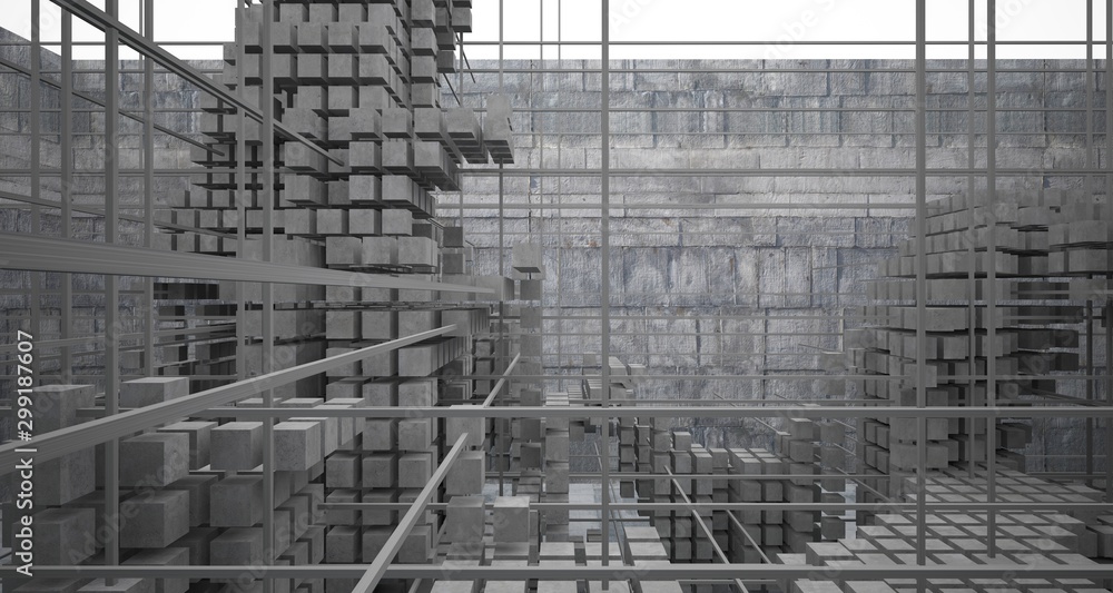 Abstract architectural concrete interior from an array of white cubes with large windows. 3D illustration and rendering. Abstract architectural concrete interior from an array of white cubes with large windows. 3D illustration and rendering.