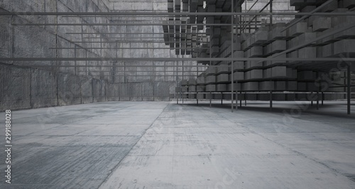 Abstract architectural concrete interior from an array of white cubes with large windows. 3D illustration and rendering.