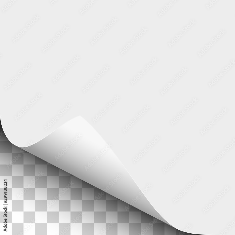 Vector lower left curl of corner of white sheet of paper and transparent background under it. Vector lower left curl of corner of white sheet of paper and transparent background under it.