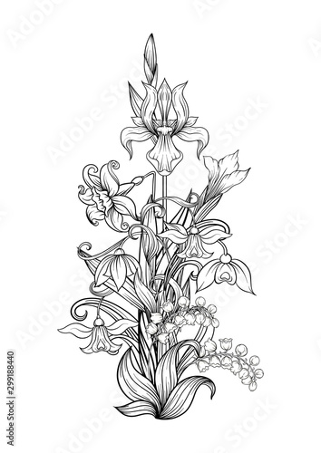 A bouquet of spring flowers. Element for design. Outline hand drawing vector illustration. In art nouveau style  vintage  old  retro style. Isolated on white background..