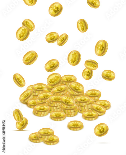 Realistic Detailed 3d Golden Bitcoins Different Type Falling. Vector