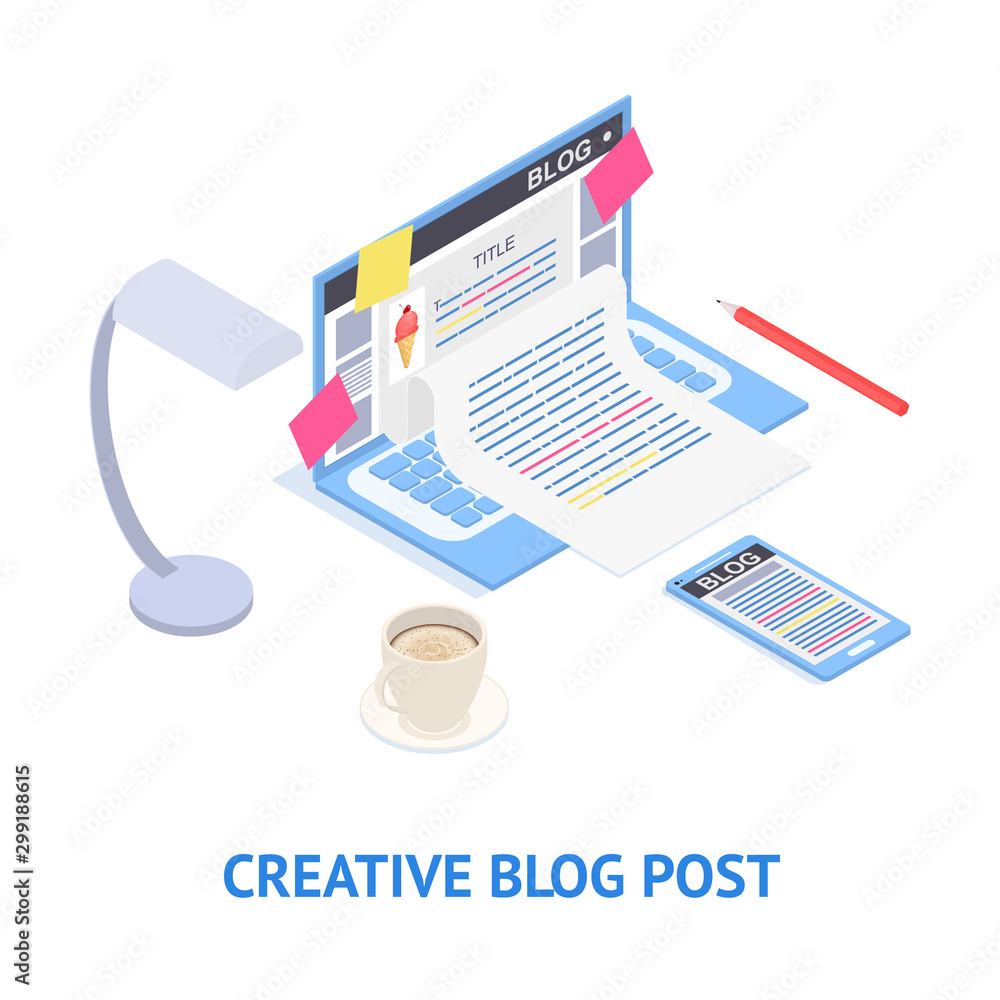 Creative Blog Post Concept Card 3d Isometric View. Vector