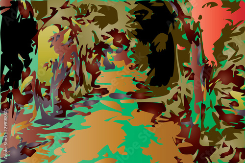 Abstract fantasy illustration of a path in colorful forest or jungle, abstract background. 