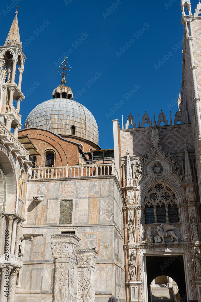 Fragment of the roof with domes. St. Mark's Basilica (Basilica di San Marco).  Travel photo. Venice. Italy. Europe.