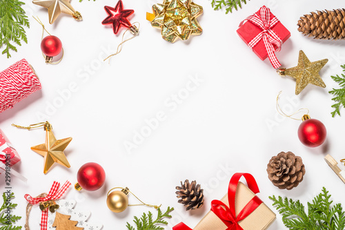 Christmas flat lay background with decorations on white.