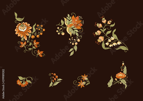 Tradition mughal motif, fantasy flowers in retro, vintage style. Element for design. Embroidery imitation Vector illustration. Isolated on black background
