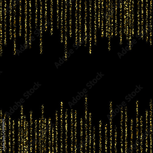  Golden texture. Festive banner with golden dust particles  confetti. Abstract dark background.