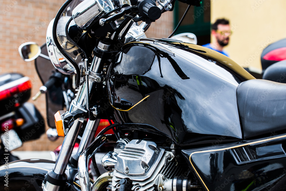 Black motorcycle close up profile Black motorcycle close up profile