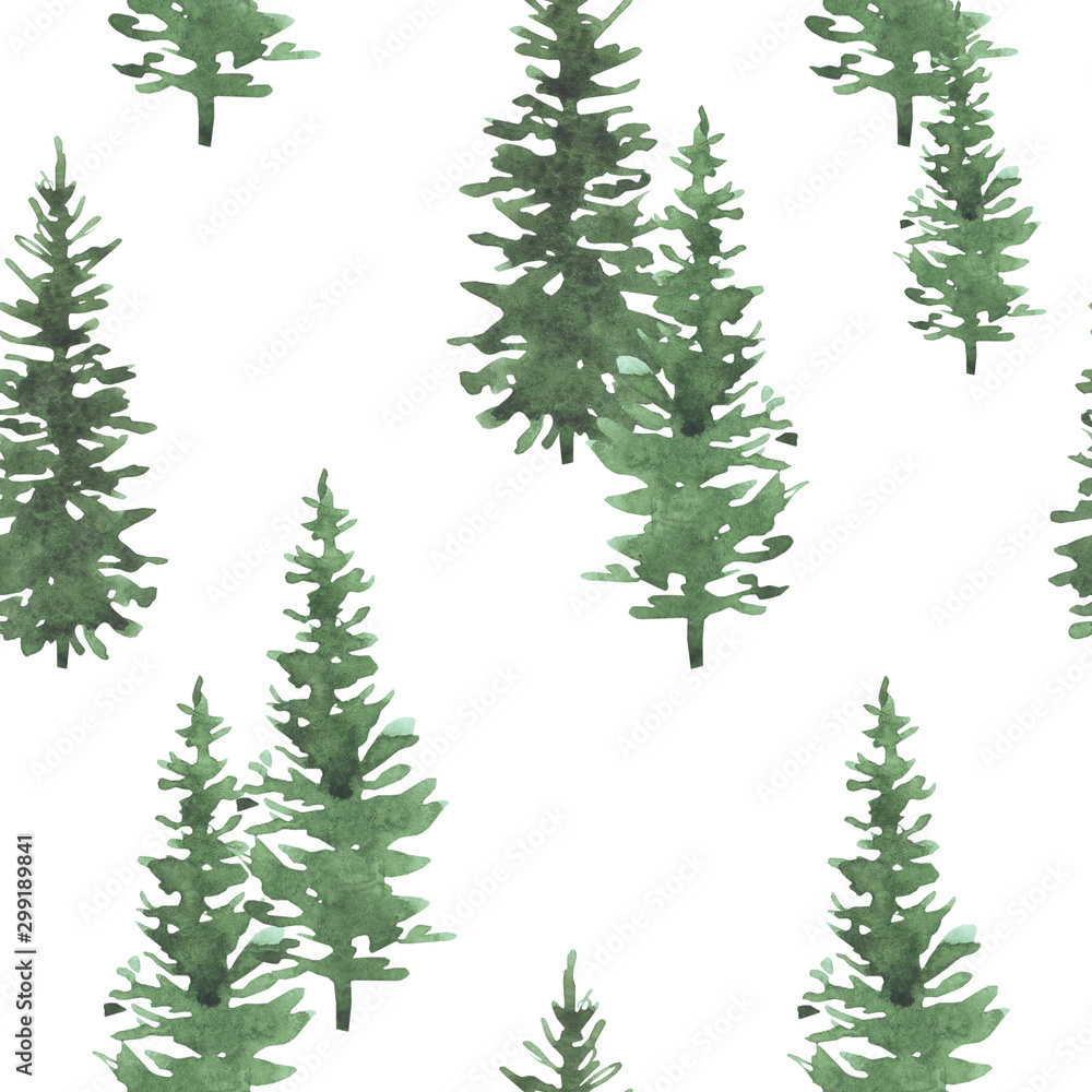 Christmas trees watercolor hand drawn seamless background texture. Holidays isolated illustration. Can be used for wallpaper, wrapping, web design, textile and other.