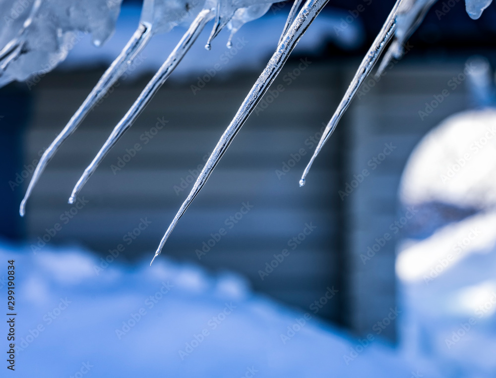 Close up photo of snow and bent icicles hanging from the roof not , blurry blue wall of wooden house at the background. Northern Sweden. Lappland