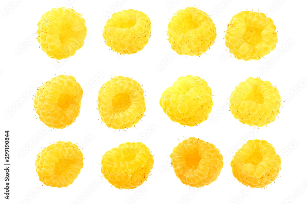 Yellow raspberries isolated on white background. top view Yellow raspberries isolated on white background. top view