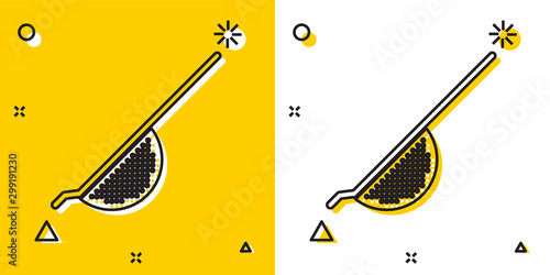 Black Kitchen colander icon isolated on yellow and white background. Cooking utensil. Cutlery sign. Random dynamic shapes. Vector Illustration