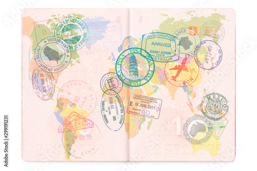 Stamp in passport for traveling an open passport. International travel document with visas, stamps, seals